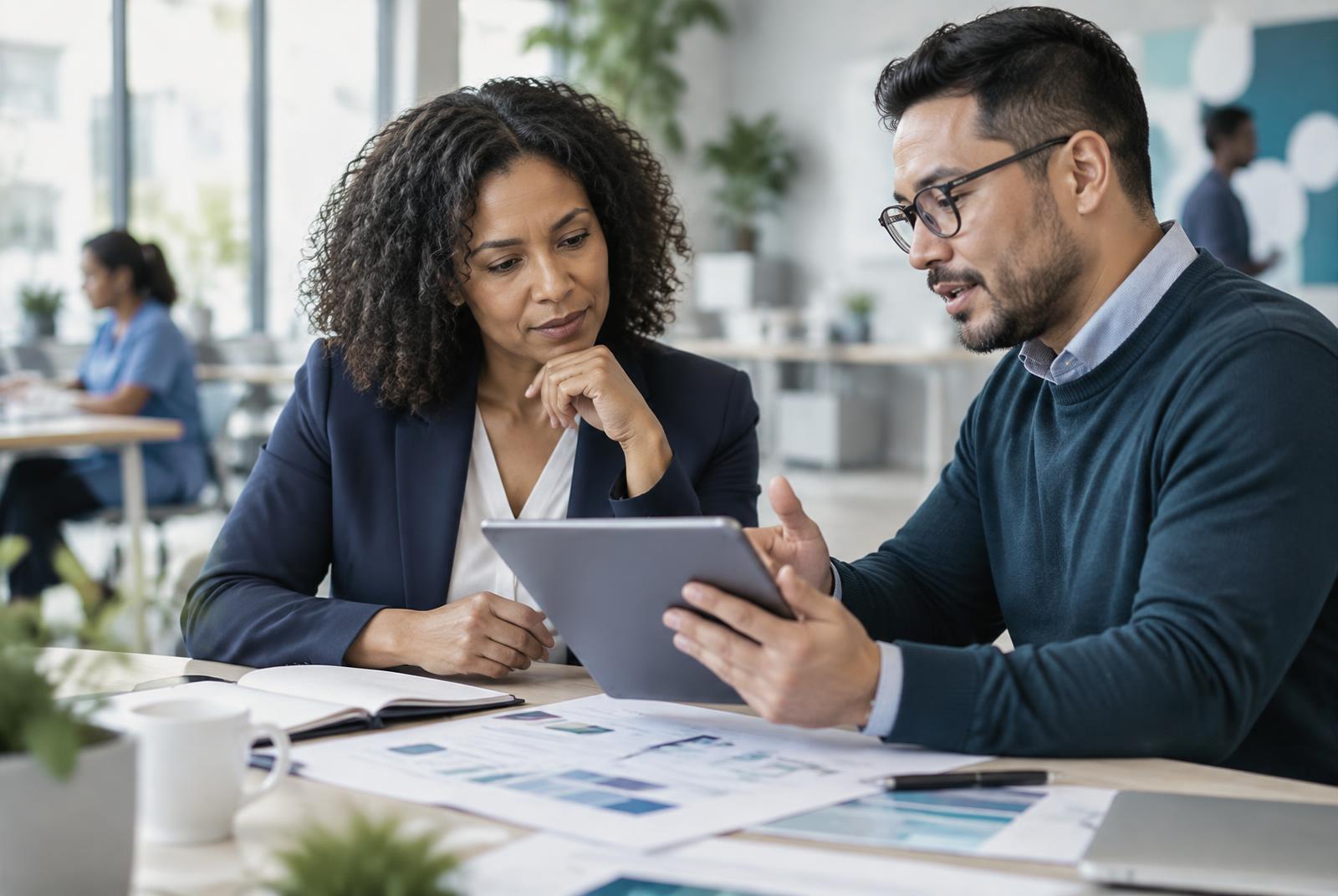 Provider leader and healthcare technology strategist reviewing a growth plan