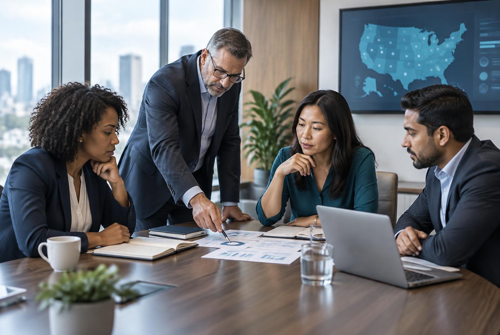 Healthcare business leaders collaborating on commercial strategy